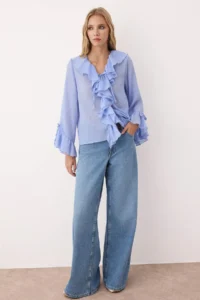 TRENDYOLMİLLA Mavi Frilly Bohem Thin Cotton Material Long Sleeve Weaving Blouse - Image 2