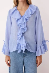 TRENDYOLMİLLA Mavi Frilly Bohem Thin Cotton Material Long Sleeve Weaving Blouse - Image 3