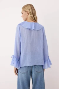 TRENDYOLMİLLA Mavi Frilly Bohem Thin Cotton Material Long Sleeve Weaving Blouse - Image 4