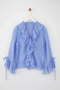 TRENDYOLMİLLA Mavi Frilly Bohem Thin Cotton Material Long Sleeve Weaving Blouse - Image 5