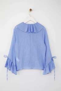 TRENDYOLMİLLA Mavi Frilly Bohem Thin Cotton Material Long Sleeve Weaving Blouse - Image 6