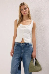 TRENDYOLMİLLA Ecru Fitted Arkadan tied up Sleeveless Weaving Blouse