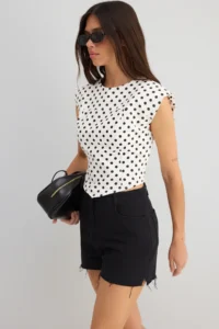 TRENDYOLMİLLA White Gabardine Cotton Crop Fitted Polka Dot Weaving Blouse - Image 2