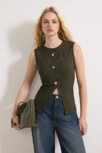 TRENDYOLMİLLA Khaki Aksesuar buttoned Crew Neck Regular Size Vest Knitting Blouse