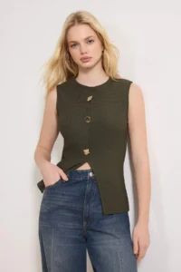TRENDYOLMİLLA Khaki Aksesuar buttoned Crew Neck Regular Size Vest Knitting Blouse - Image 2