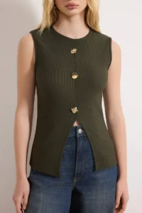 TRENDYOLMİLLA Khaki Aksesuar buttoned Crew Neck Regular Size Vest Knitting Blouse - Image 3