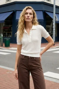 TRENDYOLMİLLA Ecru Viral Delikli/Cellular Summer Polo Shirt Collar  Knitwear Blouse