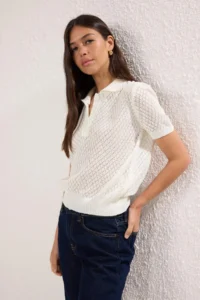 TRENDYOLMİLLA Ecru Viral Delikli/Cellular Summer Polo Shirt Collar  Knitwear Blouse - Image 3