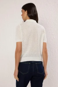 TRENDYOLMİLLA Ecru Viral Delikli/Cellular Summer Polo Shirt Collar  Knitwear Blouse - Image 5