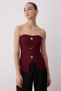 TRENDYOLMİLLA Burgundy ottoman Strapless Button Detailed Flexible Crop Knitting Blouse - Image 2