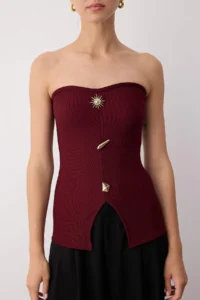 TRENDYOLMİLLA Burgundy ottoman Strapless Button Detailed Flexible Crop Knitting Blouse - Image 3