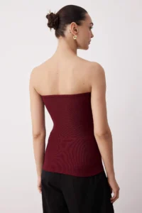 TRENDYOLMİLLA Burgundy ottoman Strapless Button Detailed Flexible Crop Knitting Blouse - Image 4