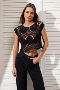 TRENDYOLMİLLA Black Crochet Sleeveless Crop Knitwear Blouse