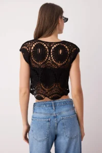 TRENDYOLMİLLA Black Crochet Sleeveless Crop Knitwear Blouse - Image 8