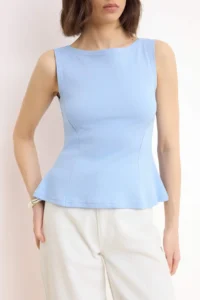 TRENDYOLMİLLA Mavi Zero Sleeve Crew Neck Flexible Knitting Blouse - Image 3