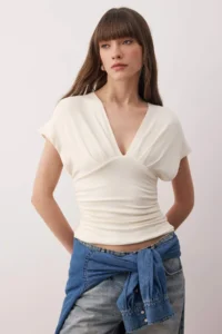 TRENDYOLMİLLA Ecru Fitted Drape Detailed Knitting Blouse