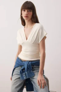 TRENDYOLMİLLA Ecru Fitted Drape Detailed Knitting Blouse - Image 2