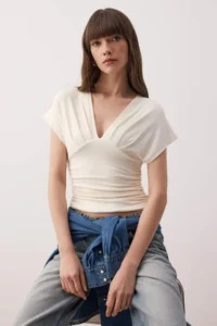 TRENDYOLMİLLA Ecru Fitted Drape Detailed Knitting Blouse - Image 3
