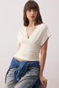 TRENDYOLMİLLA Ecru Fitted Drape Detailed Knitting Blouse - Image 4
