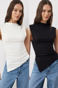 TRENDYOLMİLLA Black-Ecru 2 Sets Package Fitted Asymmetric Knitting Blouse