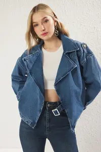 TRENDYOLMİLLA Mavi Double breasted Belt with buckle Oversized denim Blazer Jacket