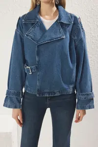 TRENDYOLMİLLA Mavi Double breasted Belt with buckle Oversized denim Blazer Jacket - Image 3