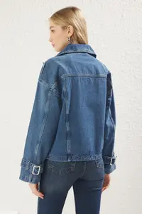 TRENDYOLMİLLA Mavi Double breasted Belt with buckle Oversized denim Blazer Jacket - Image 5