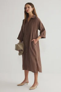 TRENDYOLMİLLA Brown More Sustainable Modal Wide Cut Midi Weaving Shirt Dress - Image 2