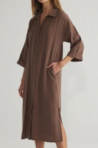 TRENDYOLMİLLA Brown More Sustainable Modal Wide Cut Midi Weaving Shirt Dress - Image 4