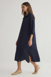 TRENDYOLMİLLA Navy Blue More Sustainable Modal Wide Cut Midi Weaving Shirt Dress - Image 2