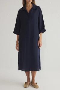 TRENDYOLMİLLA Navy Blue More Sustainable Modal Wide Cut Midi Weaving Shirt Dress - Image 4