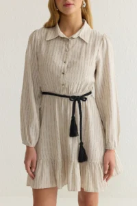 TRENDYOLMİLLA Stone Belted Striped Mini Weaving Shirt Dress - Image 4