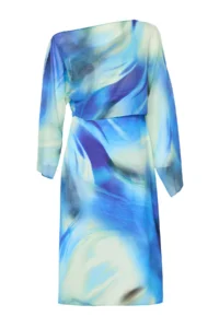 TRENDYOLMİLLA Mavi Abstract Patterned Plain Cut Cape Detailed Maxi Lined Siphon Weaving Dress - Image 6
