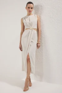 TRENDYOLMİLLA Beige A Cut Waist Low-cut and Accessory Detailed Maxi Weaving Crepe Dress - Image 2