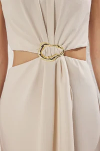 TRENDYOLMİLLA Beige A Cut Waist Low-cut and Accessory Detailed Maxi Weaving Crepe Dress - Image 4