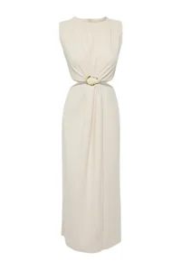 TRENDYOLMİLLA Beige A Cut Waist Low-cut and Accessory Detailed Maxi Weaving Crepe Dress - Image 6