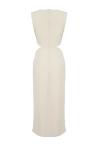 TRENDYOLMİLLA Beige A Cut Waist Low-cut and Accessory Detailed Maxi Weaving Crepe Dress - Image 7