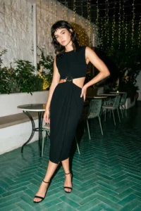 TRENDYOLMİLLA Black A Cut Waist Low-cut and Accessory Detailed Maxi Weaving Crepe her dress