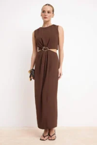 TRENDYOLMİLLA Brown Plain A Cut Accessory Detailed Maxi Weaving Dress - Image 2