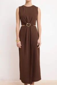 TRENDYOLMİLLA Brown Plain A Cut Accessory Detailed Maxi Weaving Dress - Image 3