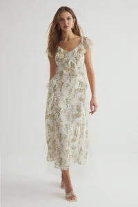 TRENDYOLMİLLA White Floral Frilly A Cut Siphon Flight Flight Weaving Maxi Dress
