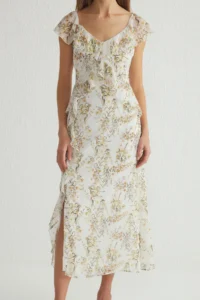 TRENDYOLMİLLA White Floral Frilly A Cut Siphon Flight Flight Weaving Maxi Dress - Image 3