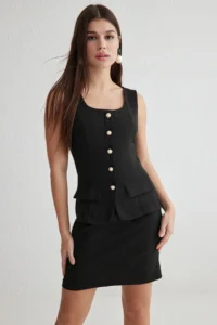 TRENDYOLMİLLA Black A Cut Button Detailed Mini Weaving Dress