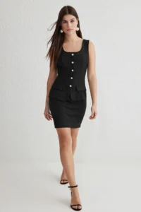 TRENDYOLMİLLA Black A Cut Button Detailed Mini Weaving Dress - Image 2