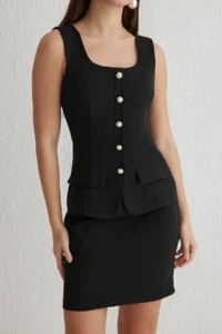 TRENDYOLMİLLA Black A Cut Button Detailed Mini Weaving Dress - Image 3