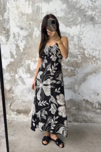 TRENDYOLMİLLA Black Floral Skirt Opened at Waist Gipelli Midi Weaving Dress