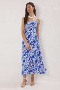 TRENDYOLMİLLA Mavi Floral Skirt Opened at Waist Gipelli Midi  Weaving Dress - Image 2