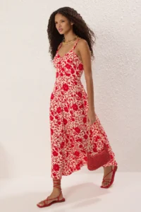TRENDYOLMİLLA Rejection Floral Skirt Opened at Waist Gipelli Midi Weaving Dress