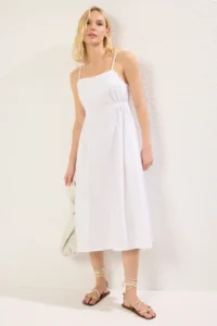 TRENDYOLMİLLA White Skirt Opened at Waist Waist Dekolteli Poplin Midi Weaving Dress
