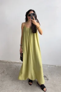 TRENDYOLMİLLA Oil Green Wide Cut Maxi Weaving Dress - Image 3